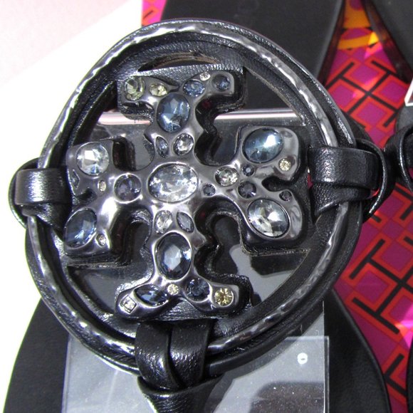 Tory Burch Miller Jeweled Embellished Crystal Leather Thong Sandals Black - Picture 4 of 13